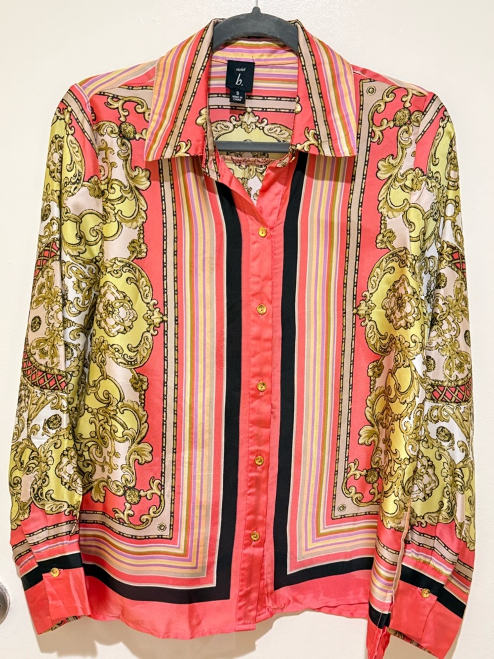 Violet b. Collared Baroque Print Button-Up Shirt - Coral, Gold, Black
